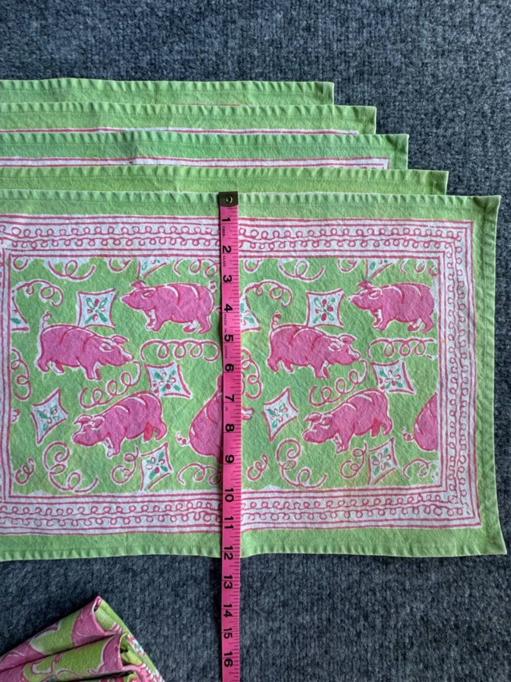 POMEGRANATE Green Pink Pig Cotton Placemats and Napkins Set of 5 each